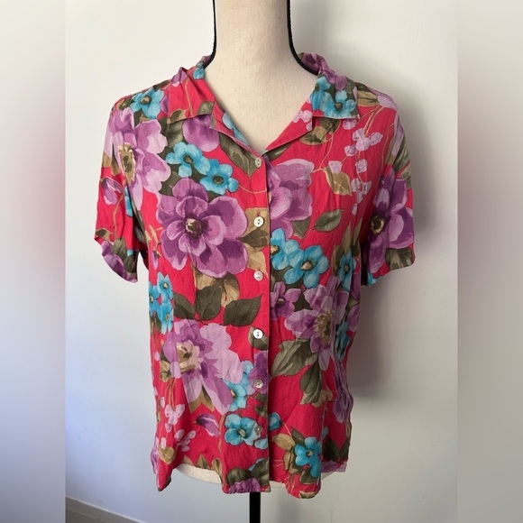 Caribbean  Joe Island Supply Co. Silk Red(1) Blue (1) Floral Print Womens Top M - Picture 2 of 12